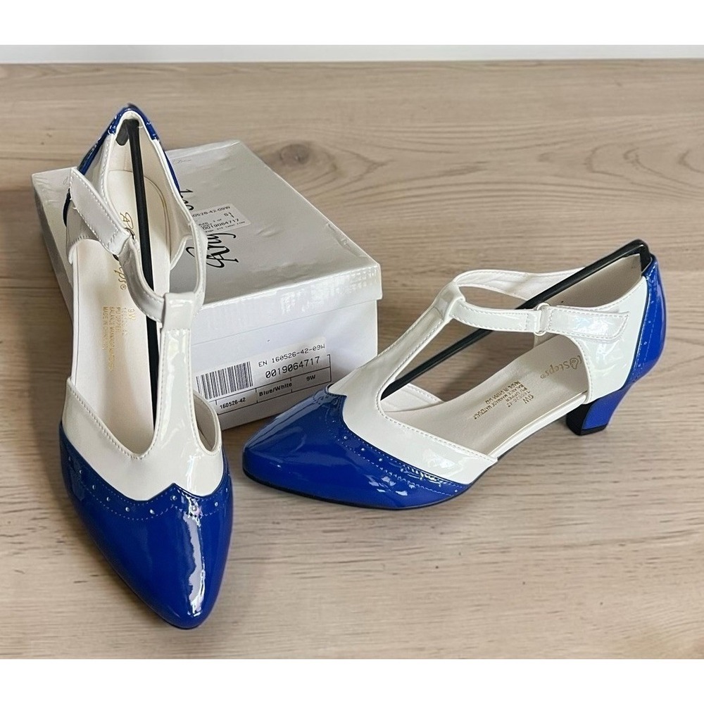 Angel Steps Layla T-Strap Women's Spectator Shoes Blue/White Patent Size 9W